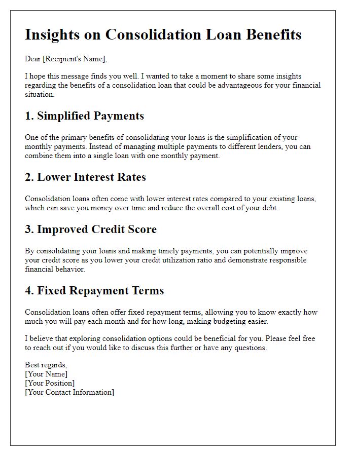 Letter template of insights on consolidation loan benefits