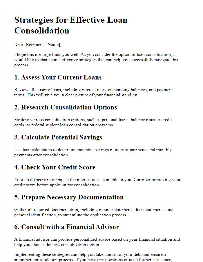 Letter template of strategies for effective loan consolidation