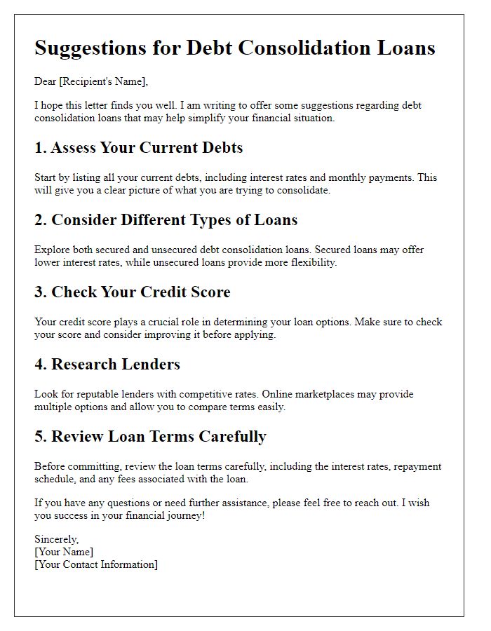 Letter template of suggestions for debt consolidation loans