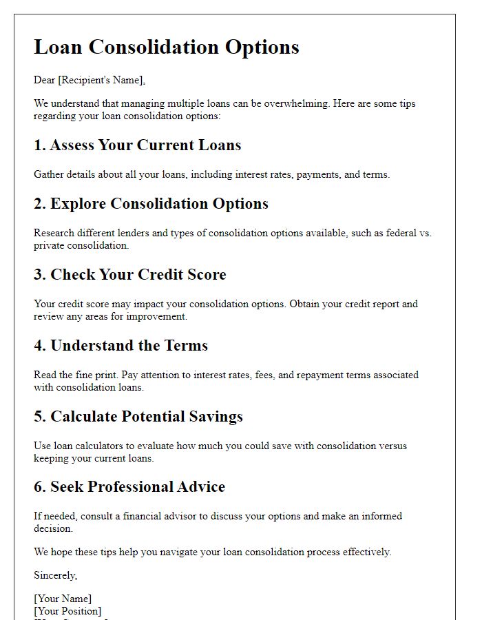 Letter template of tips regarding loan consolidation options