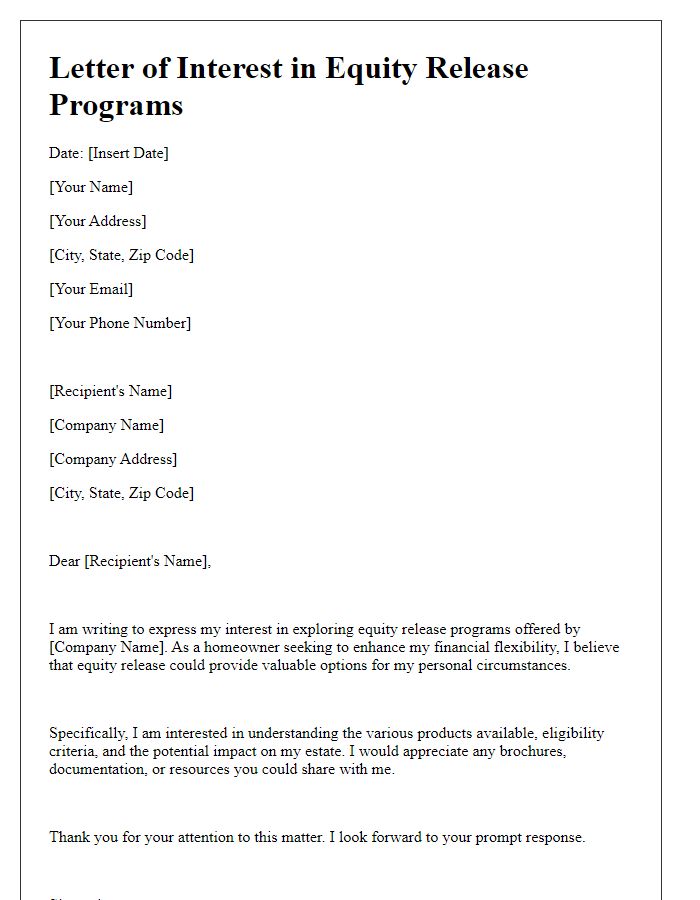 Letter template of interest in equity release programs