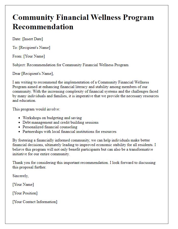 Letter template of community financial wellness program recommendation