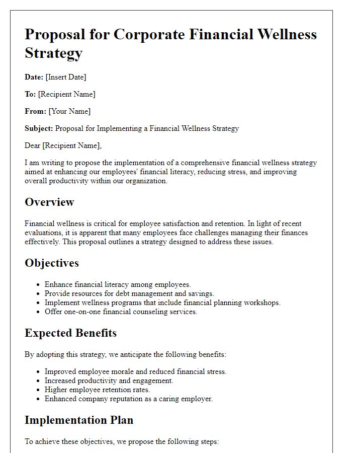 Letter template of corporate financial wellness strategy proposal