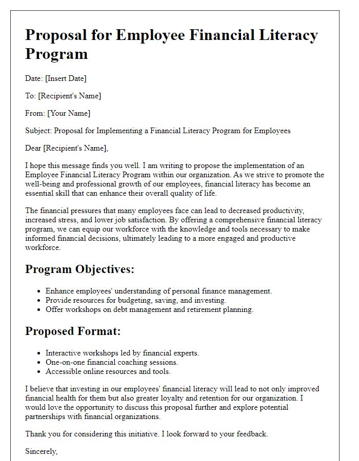 Letter template of employee financial literacy program pitch