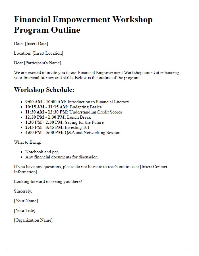 Letter template of financial empowerment workshop program outline