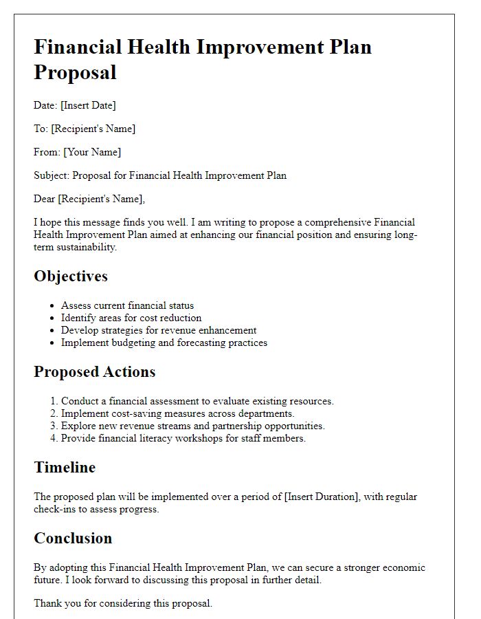 Letter template of financial health improvement plan proposal