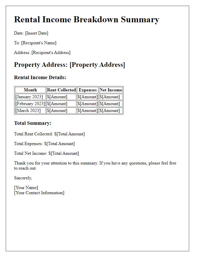 Letter template of rental income breakdown summary