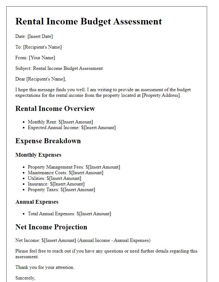 Letter template of rental income budget assessment