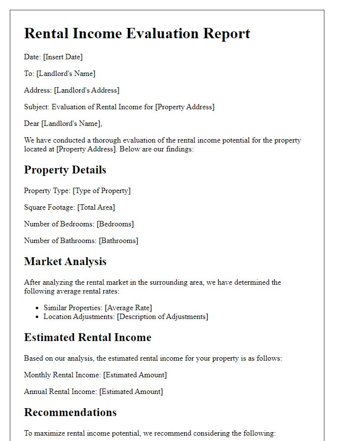 Letter template of rental income evaluation report