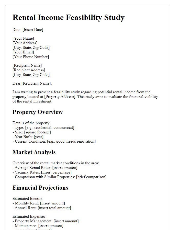 Letter template of rental income feasibility study