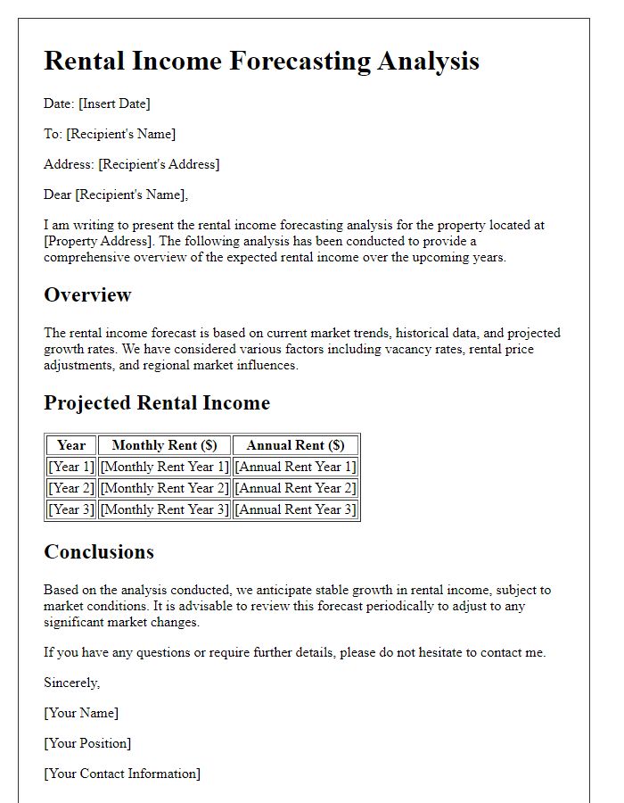 Letter template of rental income forecasting analysis