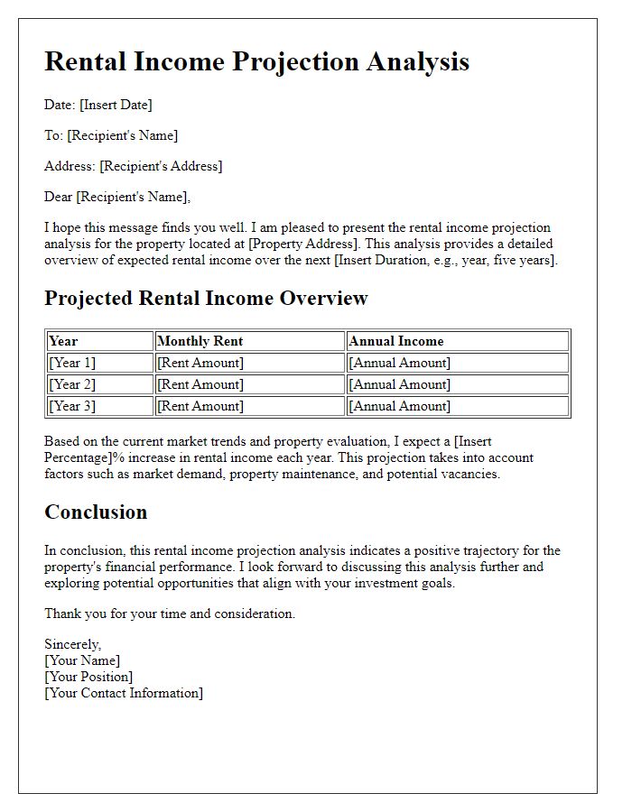 Letter template of rental income projection analysis