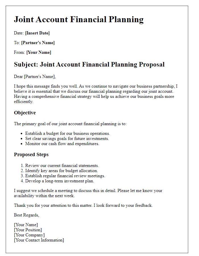 Letter template of joint account financial planning for business partners.