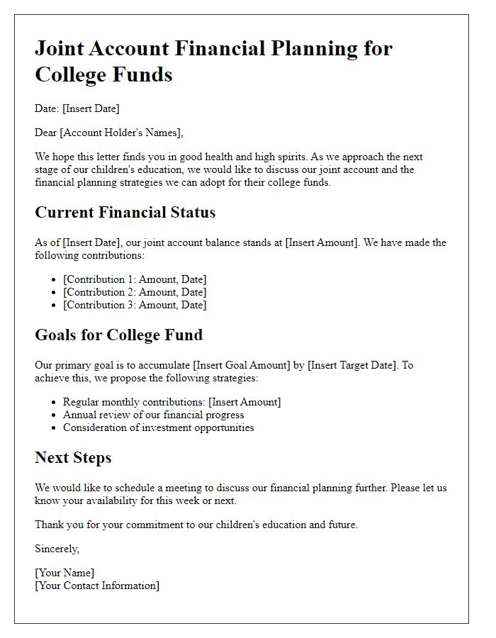 Letter template of joint account financial planning for college funds.