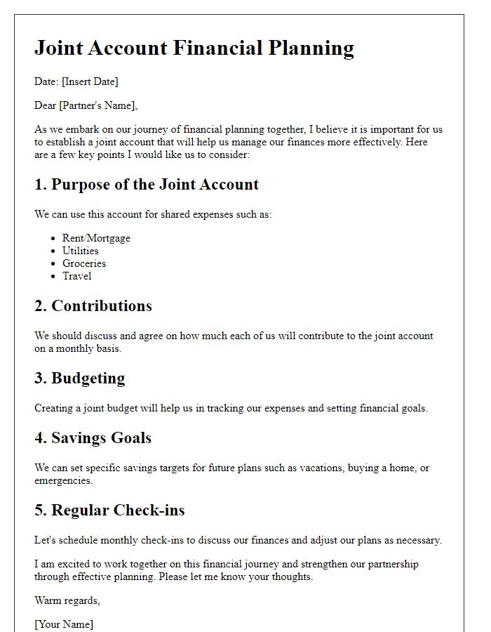 Letter template of joint account financial planning for couples.