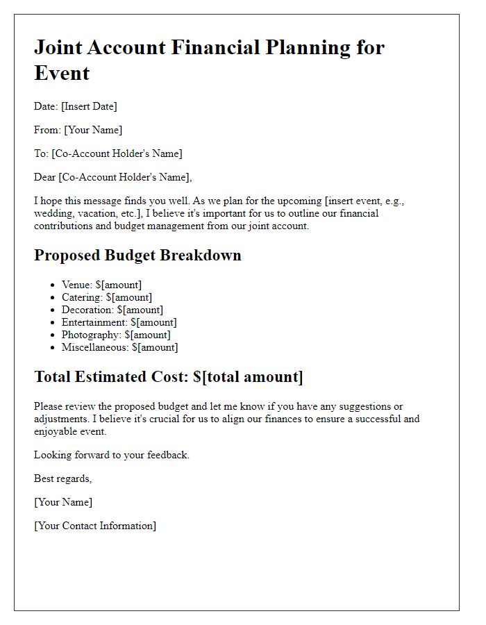 Letter template of joint account financial planning for event planning.