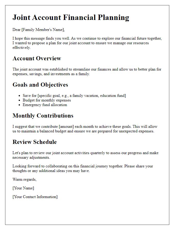 Letter template of joint account financial planning for families.