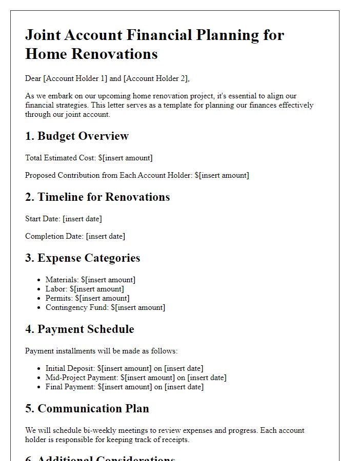 Letter template of joint account financial planning for home renovations.