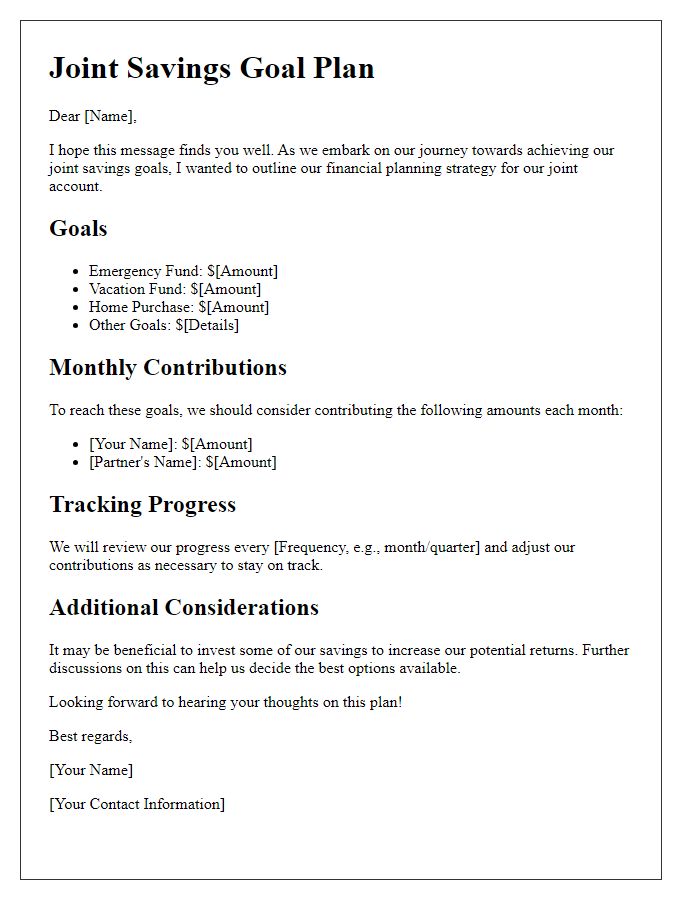 Letter template of joint account financial planning for joint savings goals.