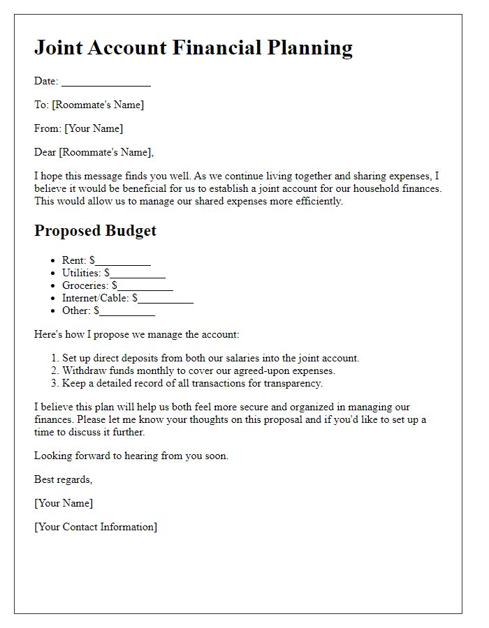 Letter template of joint account financial planning for roommates.