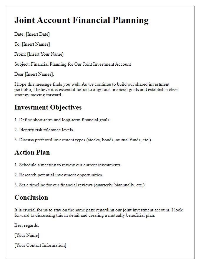 Letter template of joint account financial planning for shared investments.