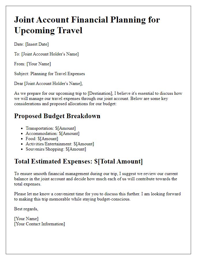 Letter template of joint account financial planning for travel expenses.