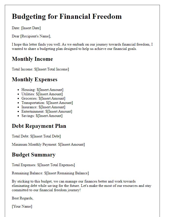 Letter template of budgeting for financial freedom