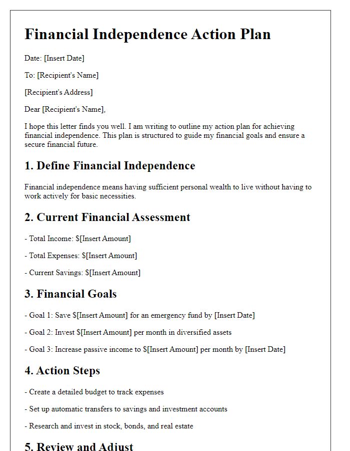 Letter template of financial independence action plan