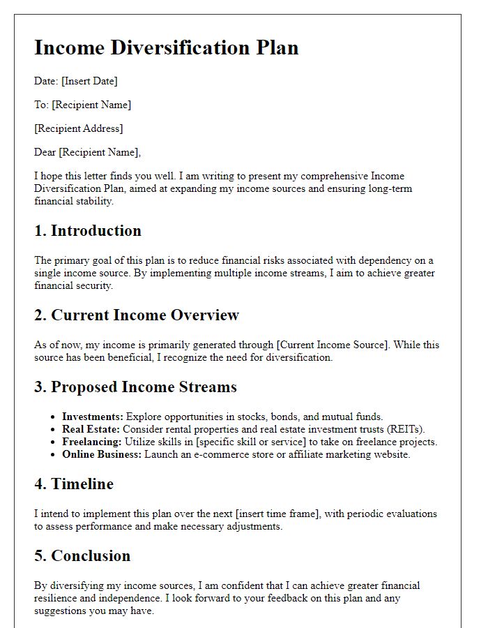 Letter template of income diversification plan