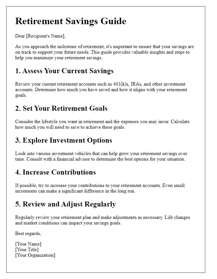 Letter template of retirement savings guide