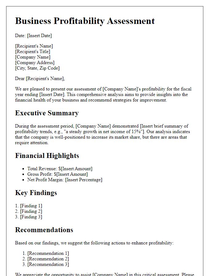 Letter template of business profitability assessment