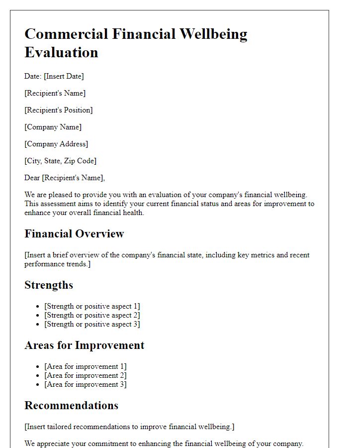 Letter template of commercial financial wellbeing evaluation