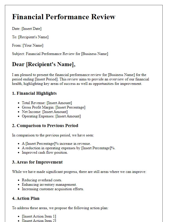 Letter template of financial performance review for business