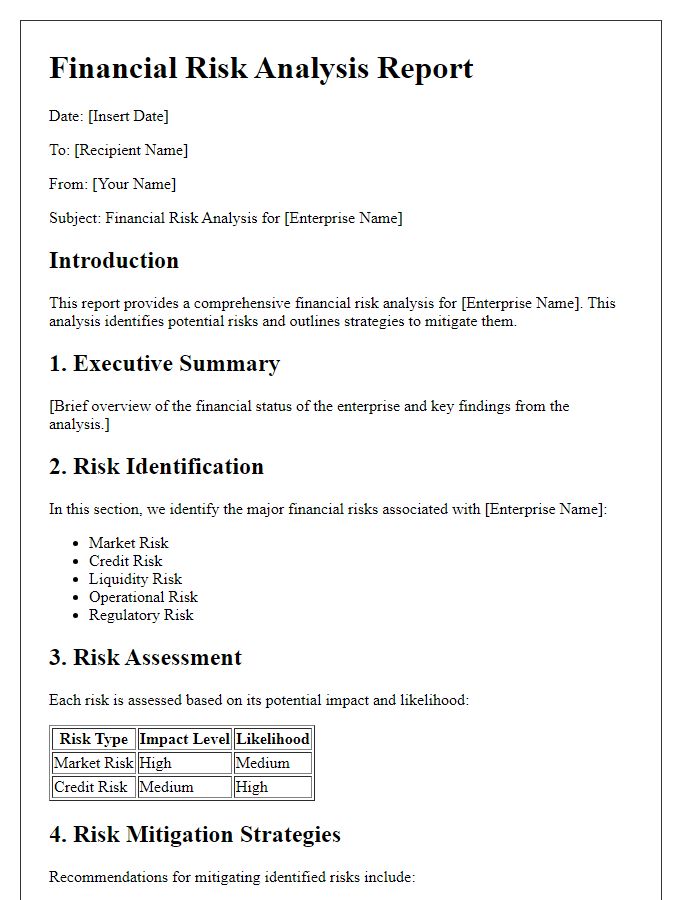 Letter template of financial risk analysis for enterprises