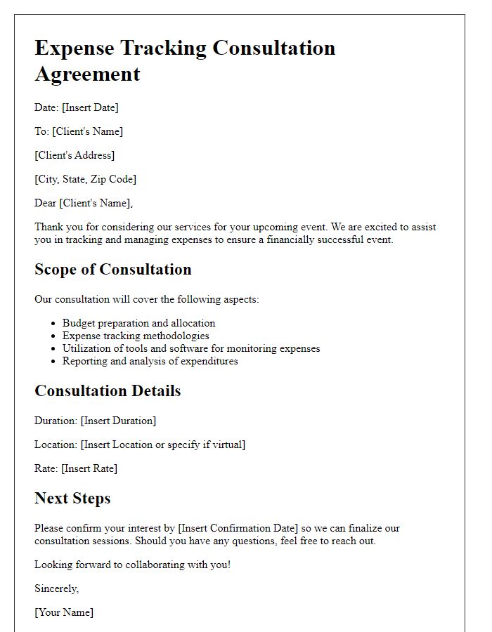 Letter template of expense tracking consultation for event planners.