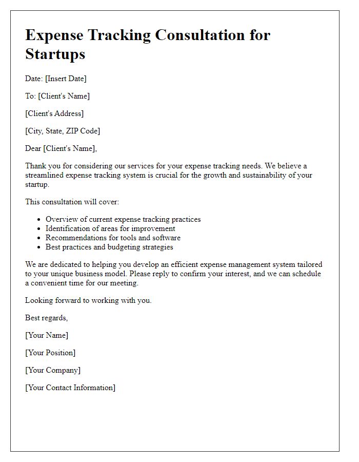 Letter template of expense tracking consultation for startups.