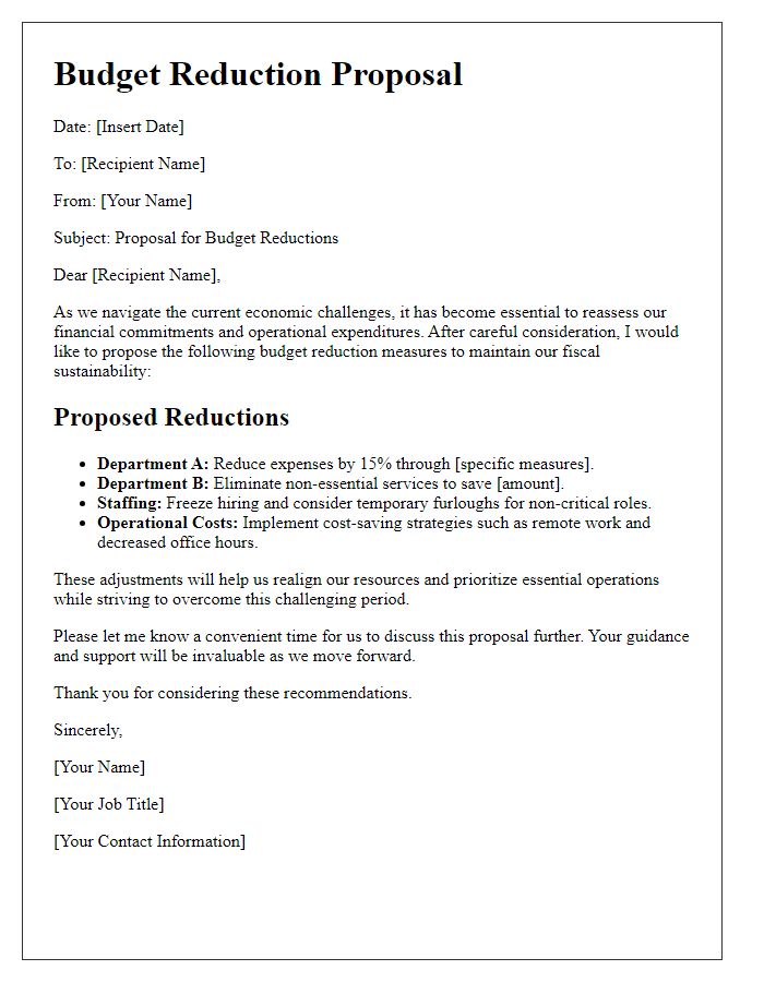 Letter template of budget reduction proposals during economic challenges.