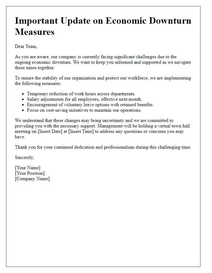 Letter template of employee communication regarding economic downturn measures.