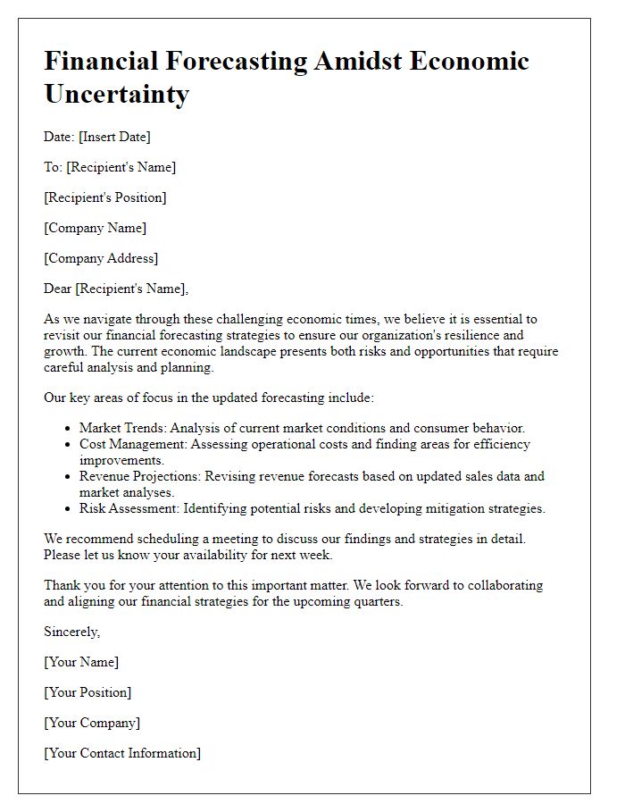 Letter template of financial forecasting amidst economic uncertainty.