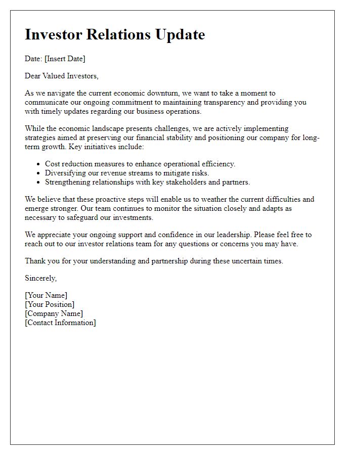 Letter template of investor relations during economic downturn scenarios.