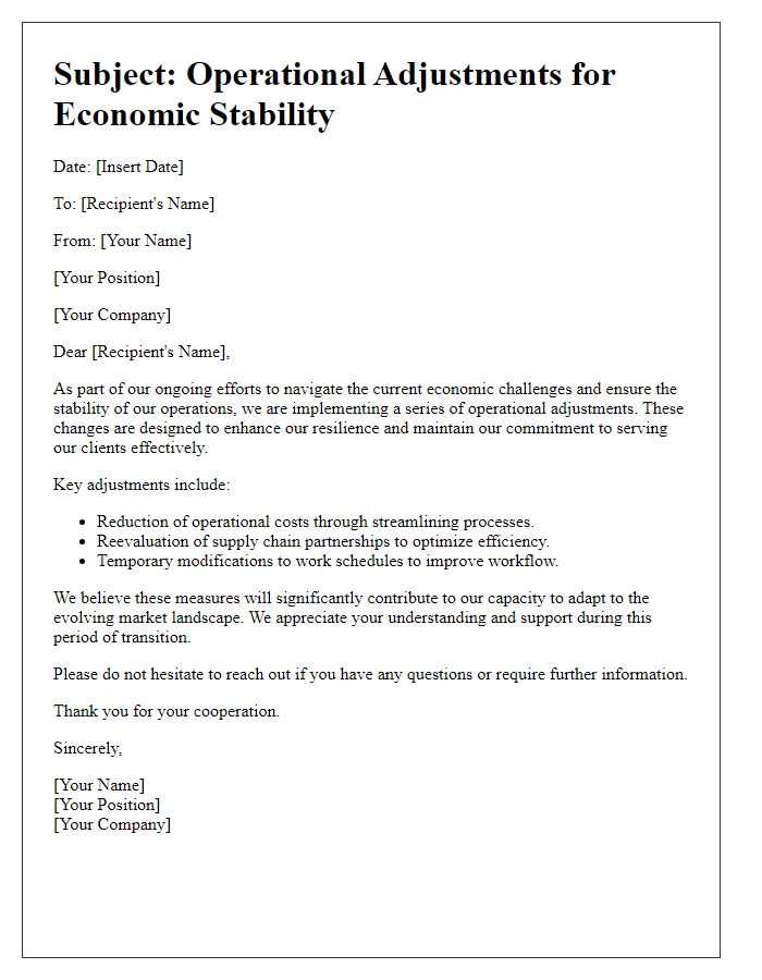 Letter template of operational adjustments for economic stability.