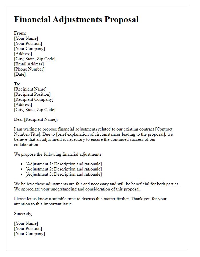 Letter template of financial adjustments proposal for contract