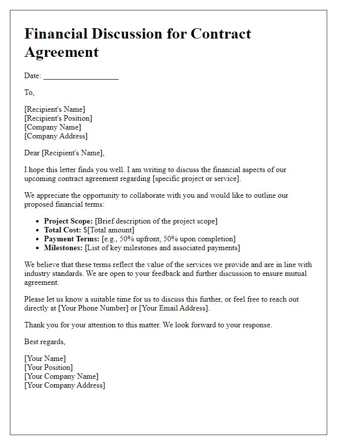 Letter template of financial discussion for contract agreement