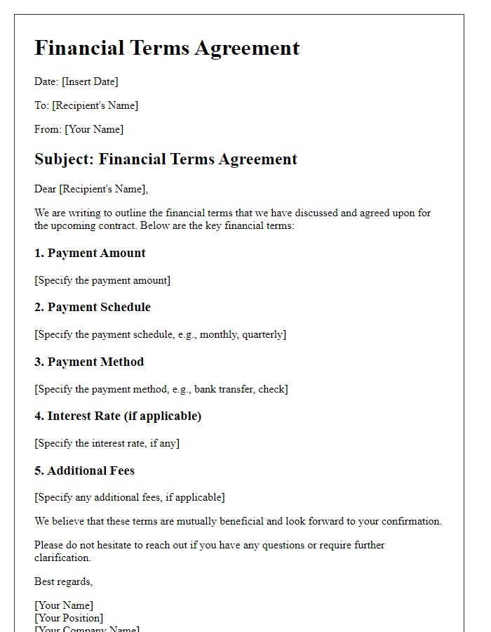 Letter template of financial terms agreement in contract discussions