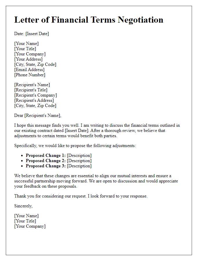 Letter template of financial terms negotiation for contract revision