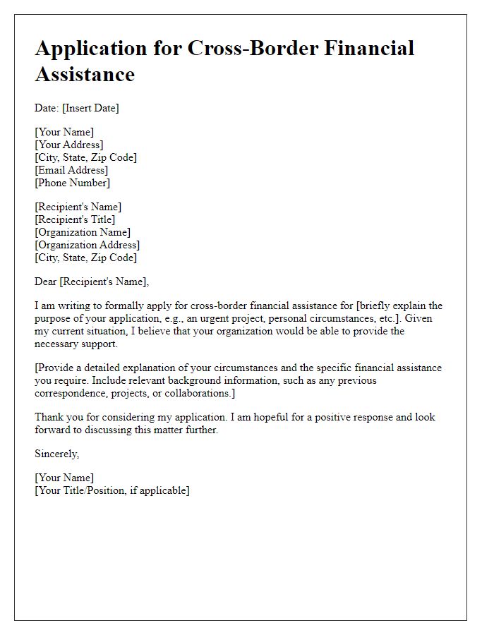 Letter template of application for cross-border financial assistance