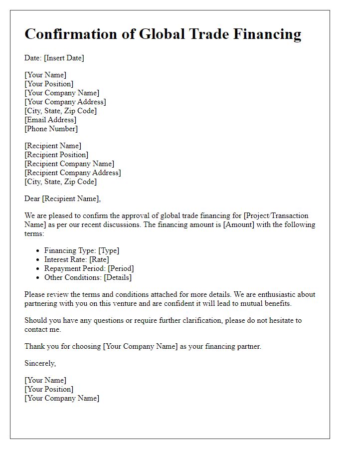 Letter template of confirmation for global trade financing