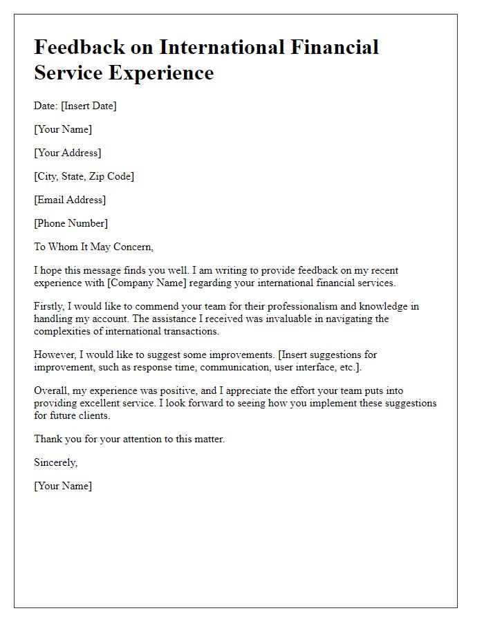 Letter template of feedback for international financial service experience