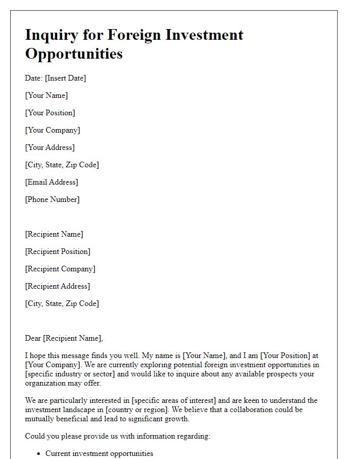 Letter template of inquiry for foreign investment opportunities