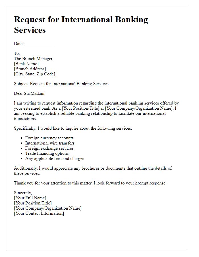 Letter template of request for international banking services